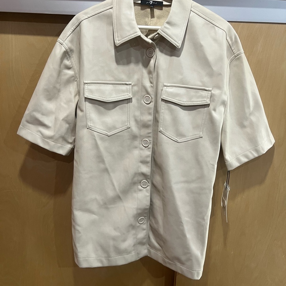 7 For All Mankind Cream Leather Short-Sleeve Button Jacket